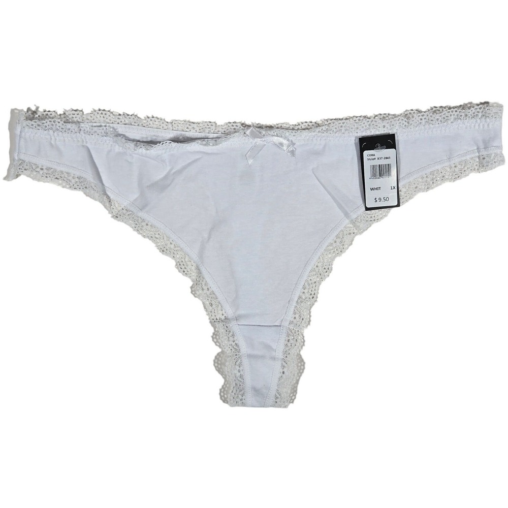 Frederick's of Hollywood Cora Cotton & Lace Thong in White 1X‎ NWT